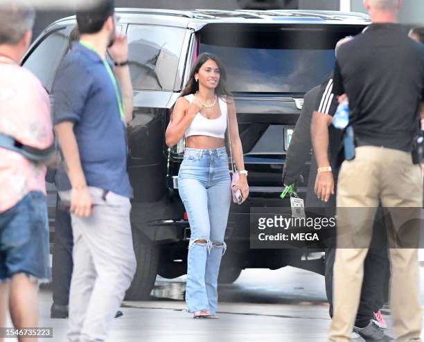 Antonela Roccuzzo is seen arriving to see Lionel Messi's debut game on July 21, 2023 in Ft. Lauderdale, Florida.
