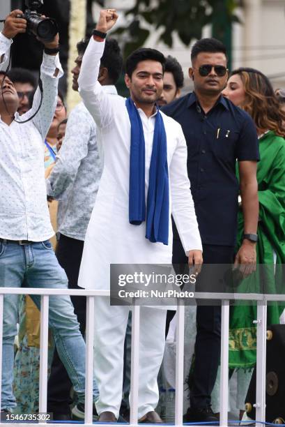 Trinamool Congress General Secretary and Member of Parliament Abhishek Banerjee greets supporters and activists during a Martyrs' Day rally in...