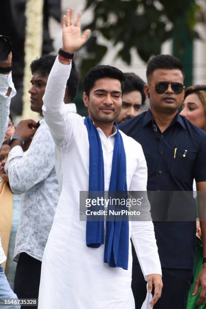 Trinamool Congress General Secretary and Member of Parliament Abhishek Banerjee greets supporters and activists during a Martyrs' Day rally in...