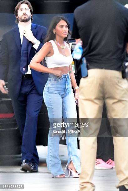 Antonela Roccuzzo is seen arriving to see Lionel Messi's debut game on July 21, 2023 in Ft. Lauderdale, Florida.