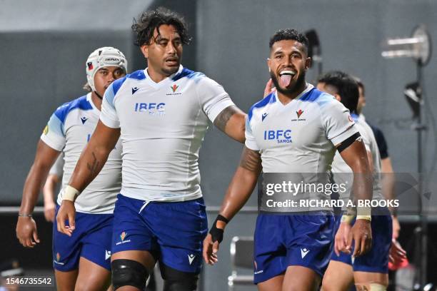 Samoa's Tumua Manu celebrates after scoring a try during the rugby union match between Japan and Samoa in the Lipvitan D Challenge Cup at the Sapporo...