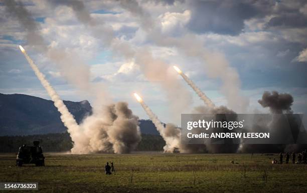 Missile is launched from a United States military HIMARS system during joint military drills at a firing range in northern Australia as part of...