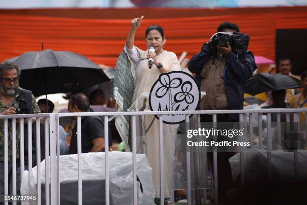 Trinamool Congress party leader and Chief Minister of West Bengal state Mamata Banerjee addresses supporters at a gathering. The event was held in...