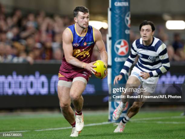 Conor McKenna of the Lions in action during the 2023 AFL Round 19 match between the Brisbane Lions and the Geelong Cats at The Gabba on July 22, 2023...