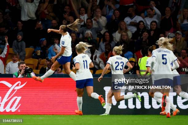 England's midfielder Georgia Stanway celebrates scoring her team's first goal during the Australia and New Zealand 2023 Women's World Cup Group D...