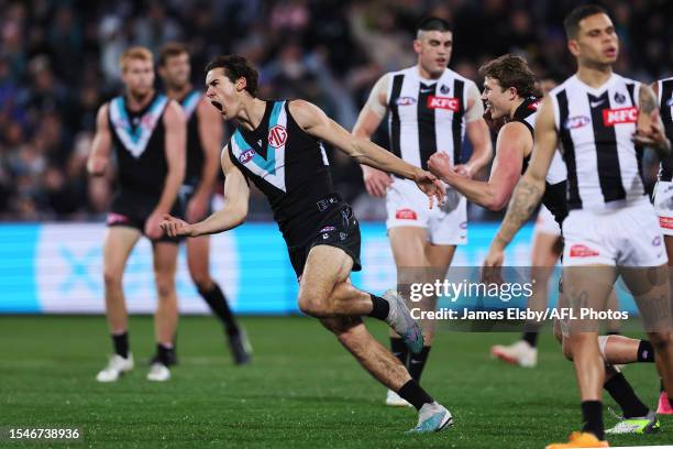 Connor Rozee of the Power celebrates a goal during the 2023 AFL Round 19 match between the Port Adelaide Power and the Collingwood Magpies at...