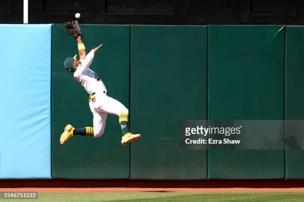 Tony Kemp of the Oakland Athletics catches a ball hit by Max Kepler of the Minnesota Twins in the second inning at RingCentral Coliseum on July 15,...