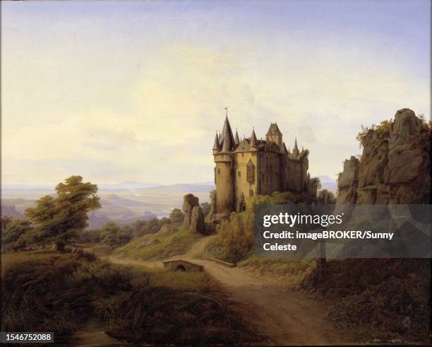 buerresheim castle is a castle in the eifel, rhineland-palatinate, germany, dating from the high middle ages and converted into a prestigious residence in the baroque period, painting by f. sodring, historic, digitally restored reproduction from a 19th - castelo 幅插畫檔、美工圖案、卡通及圖標