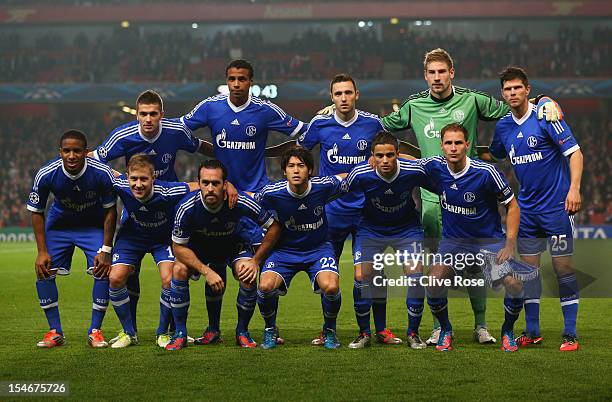 Schalke 04 line up prior to the UEFA Champions League Group B match between Arsenal and FC Schalke at the Emirates Stadium on October 24, 2012 in...