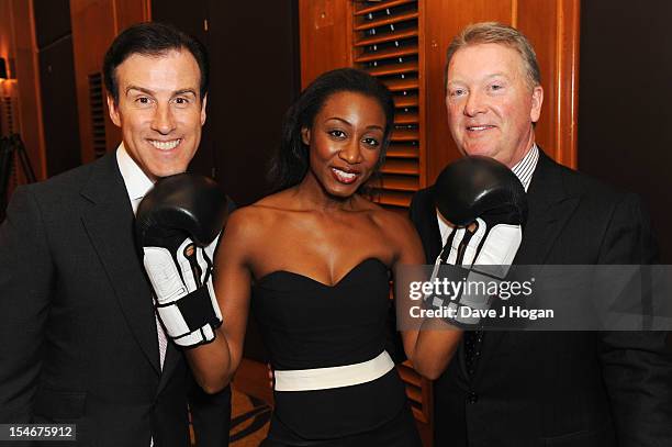 Antoine Du Bec, Beverley Knight and Frank Warren attend a Nordoff Robbins Boxing fundraising dinner at The Grand Connaught Rooms on October 24, 2012...