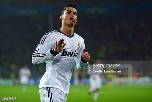 Cristiano Ronaldo of Madrid celebrates after scoring his teams first goal during the UEFA Champions League group D match between Borussia Dortmund...