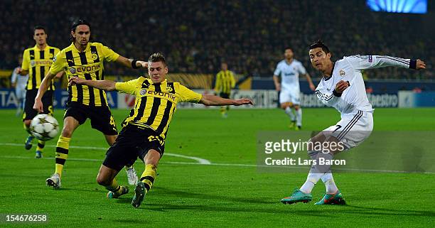 Cristiano Ronaldo of Madrid shoots on goal during the UEFA Champions League group D match between Borussia Dortmund and Real Madrid CF at Signal...