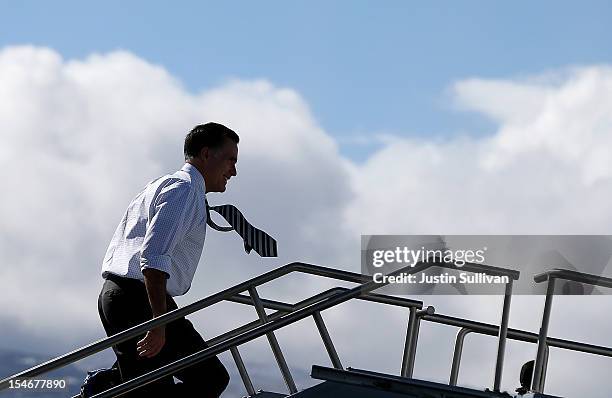 Republican presidential candidate, former Massachusetts Gov. Mitt Romney boards his campaign plane on October 24, 2012 in Reno, Nevada. Mitt Romney...