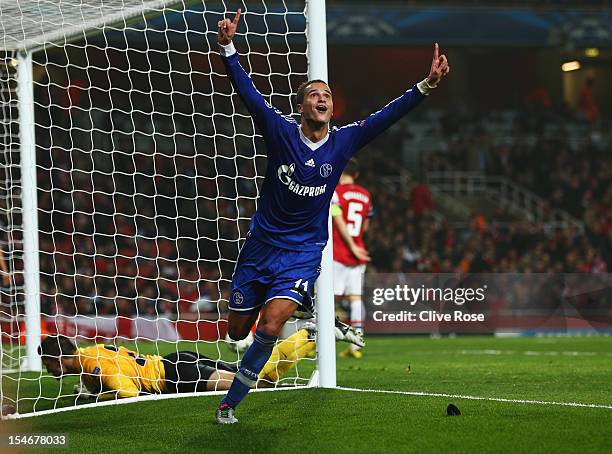 Ibrahim Afellay of Schalke 04 celebrates scoring their second goal during the UEFA Champions League Group B match between Arsenal and FC Schalke at...