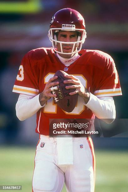 Steve Bono of the Kansas City Chiefs warms up before a football game against the Seattle Seahawks on December 24, 1995 at Arrowhead Stadium in Kansas...