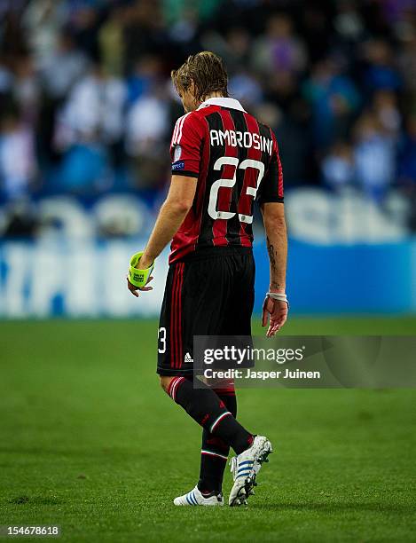 Massimo Ambrosini of AC Milan trudges off the pitch at the end of the UEFA Champions League group C match between Malaga CF and AC Milan at the...