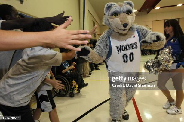 The Minnesota Timberwolves mascot Crunch performs at the dedication of a refurbished basketball court during NBA Canada Series 2012 on October 23,...