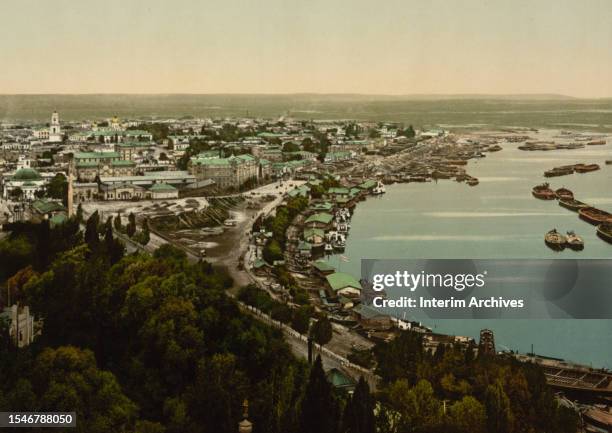 Color photochromatic print illustration showing the Podol neighborhood in Kiev, Ukraine, 1890. It is situated on the banks of the Dnipro River.