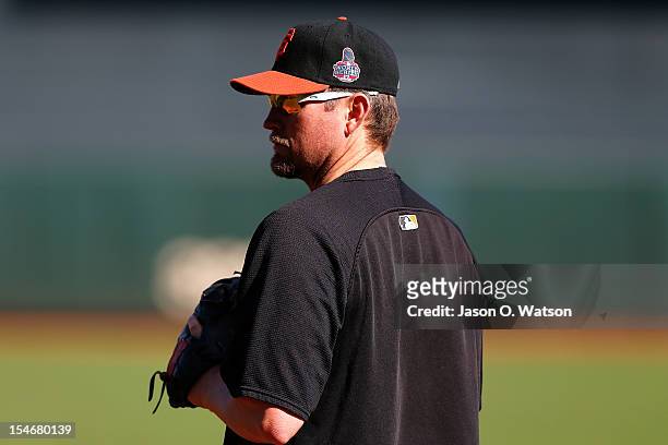 Aubrey Huff of the San Francisco Giants looks on during batting practice against the Detroit Tigers during Game One of the Major League Baseball...