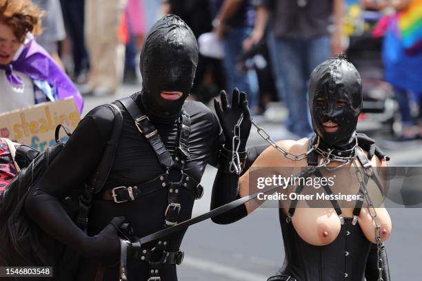 Participants in S&M leather outfits during the annual Christopher Street Day parade on July 22, 2023 in Berlin, Germany. CSD Berlin is among Europe's...