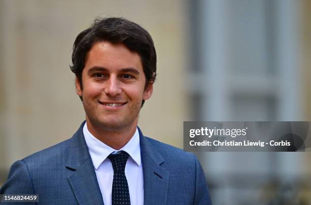 Newly appointed France's Education Minister Gabriel Attal leaves after a cabinet meeting at the Elysee Palace in Paris on July 21 in Paris, France....