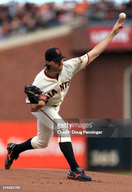 Barry Zito of the San Francisco Giants throws a pitch in the first inning against the Detroit Tigers during Game One of the Major League Baseball...