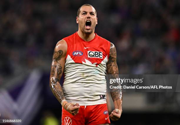 Lance Franklin of the Swans celebrates a goal during the 2023 AFL Round 19 match between the Fremantle Dockers and the Sydney Swans at Optus Stadium...