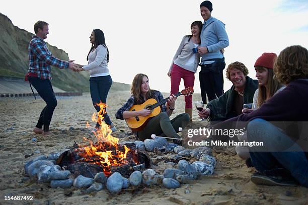group of friends at beach party. - beach party stockfoto's en -beelden