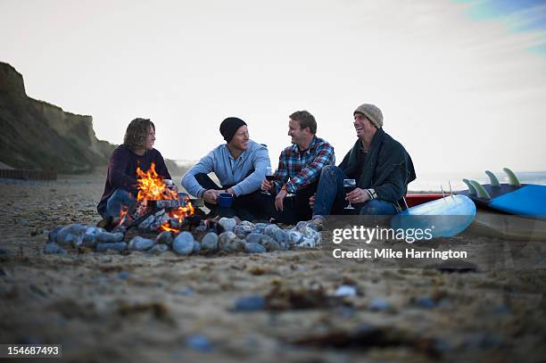 male surfers on the beach - sitting on surfboard stockfoto's en -beelden