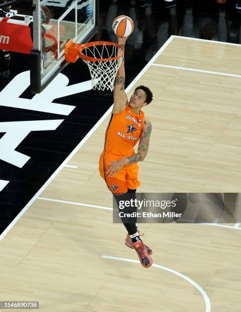 Brittney Griner of Team Stewart dunks against Team Wilson in the first half of the 2023 WNBA All-Star Game at Michelob ULTRA Arena on July 15, 2023...