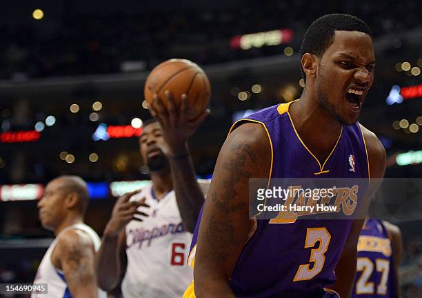 Devin Ebanks of the Los Angeles Lakers reacts after he is fouled by DeAndre Jordan of the Los Angeles Clippers during the first half at Staples...