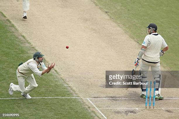 Ed Cowan of the Tigers takes a catch to dismiss John Hastings of the Bushrangers during day three of the Sheffield Shield match between the Victorian...