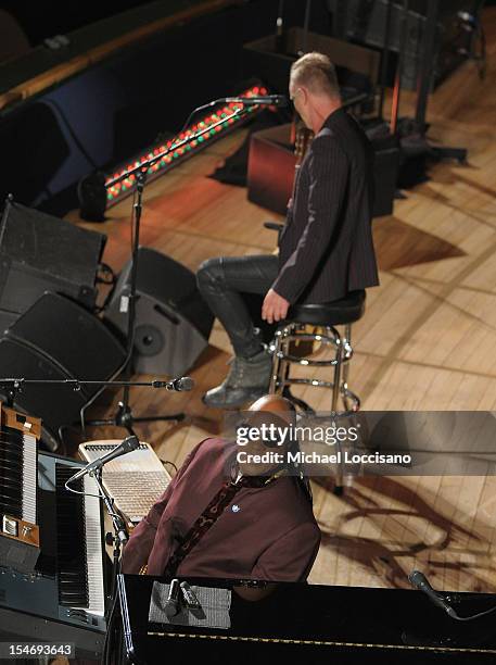 Messenger of Peace Stevie Wonder and Musician Sting perform during the United Nations Day Concert at United Nations on October 24, 2012 in New York...