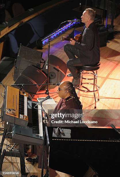 Messenger of Peace Stevie Wonder and Musician Sting perform during the United Nations Day Concert at United Nations on October 24, 2012 in New York...