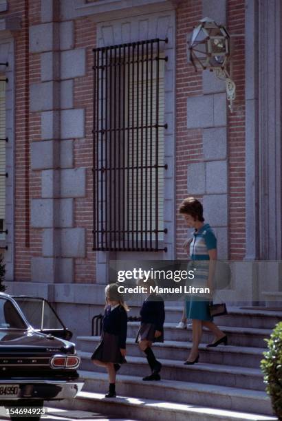 Madrid, July 1971, Princess Sophia of Spain and her children, the Infanta Elena and Infanta Cristina down the steps of the Zarzuela Palace, expected...