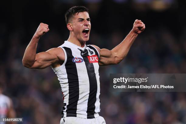 Nick Daicos of the Magpies celebrates a goal during the 2023 AFL Round 19 match between the Port Adelaide Power and the Collingwood Magpies at...