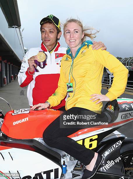 Valentino Rossi of Italy and rider of the Ducati Team Ducati meets Australian Olympic gold medalist Sally Pearson ahead of the Australian MotoGP,...