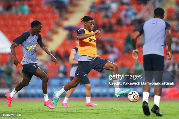 Destiny Udogie of Tottenham Hotspur trains ahead of the pre-season friendly match between Tottenham Hotspur and Leicester City at Rajamangala Stadium...