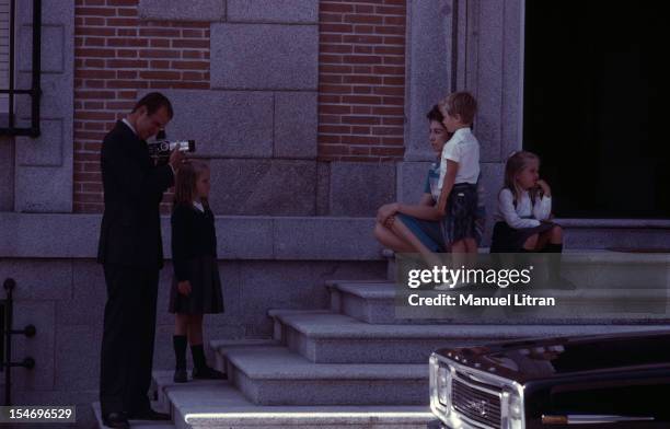 Madrid, July 1971, the front of the Zarzuela Palace, the Princess Sofia of Spain pose for a photographer, with her children, FELIPE, Cristina and...