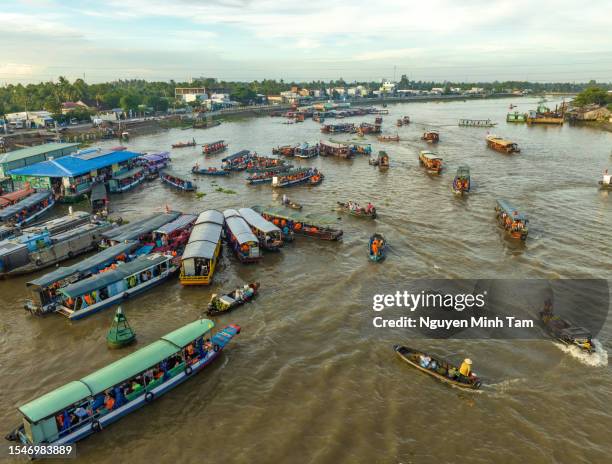 aerial photo of cai rang floating market, can tho city - can tho province stock pictures, royalty-free photos & images