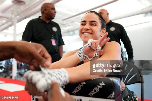 Norma Dumont of Brazil has her hands wrapped backstage during the UFC Fight Night event at UFC APEX on July 15, 2023 in Las Vegas, Nevada.