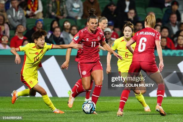 China's forward Lou Jiahui and Denmark's defender Katrine Veje fight for the ball during the Australia and New Zealand 2023 Women's World Cup Group D...