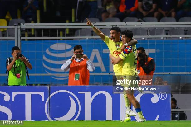 Leonardo Suarez of America celebrates with Kevin Alvarez of America after scoring the team's second goal during the 3rd round match between America...