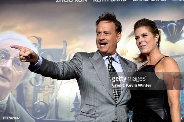 Actors Tom Hanks and his wife Rita Wilson arrive at the premiere of Warner Bros. Pictures' "Cloud Atlas" at the Chinese Theatre on October 24, 2012...