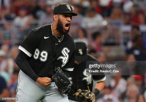 Keynan Middleton of the Chicago White Sox reacts after the end of the eighth inning against the Atlanta Braves at Truist Park on July 15, 2023 in...