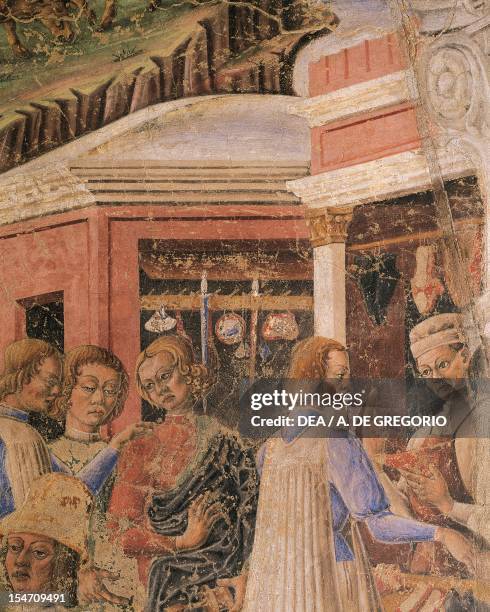 Market scene, detail from Triumph of Mercury, scene from Month of June, ca 1470, attributed to Master Occhi Spalancati , fresco, north wall, Hall of...