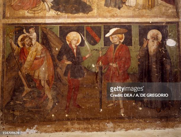 Figures of Saints, detail from a 12th century fresco, St Vitus rectory, Piossasco. Italy, 12th century.