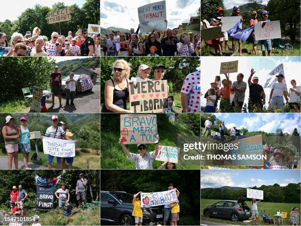 This combination of pictures created on July 22, 2023 shows spectators lining the race route with signs showing support for Groupama - FDJ's French...