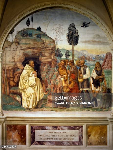 Pope Benedict teaching holy doctrine to the peasants, scene from the Stories of St Benedict of Monte Oliveto Maggiore, 1495-1497, by Luca Signorelli...