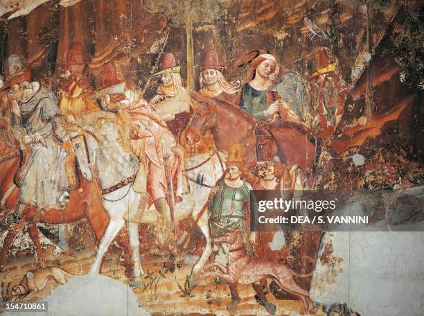 Ladies and gentlemen, dressed in medieval fashion, go hunting, detail from the Triumph of Death, 1336-1341, attributed to Buffalmacco , fresco...